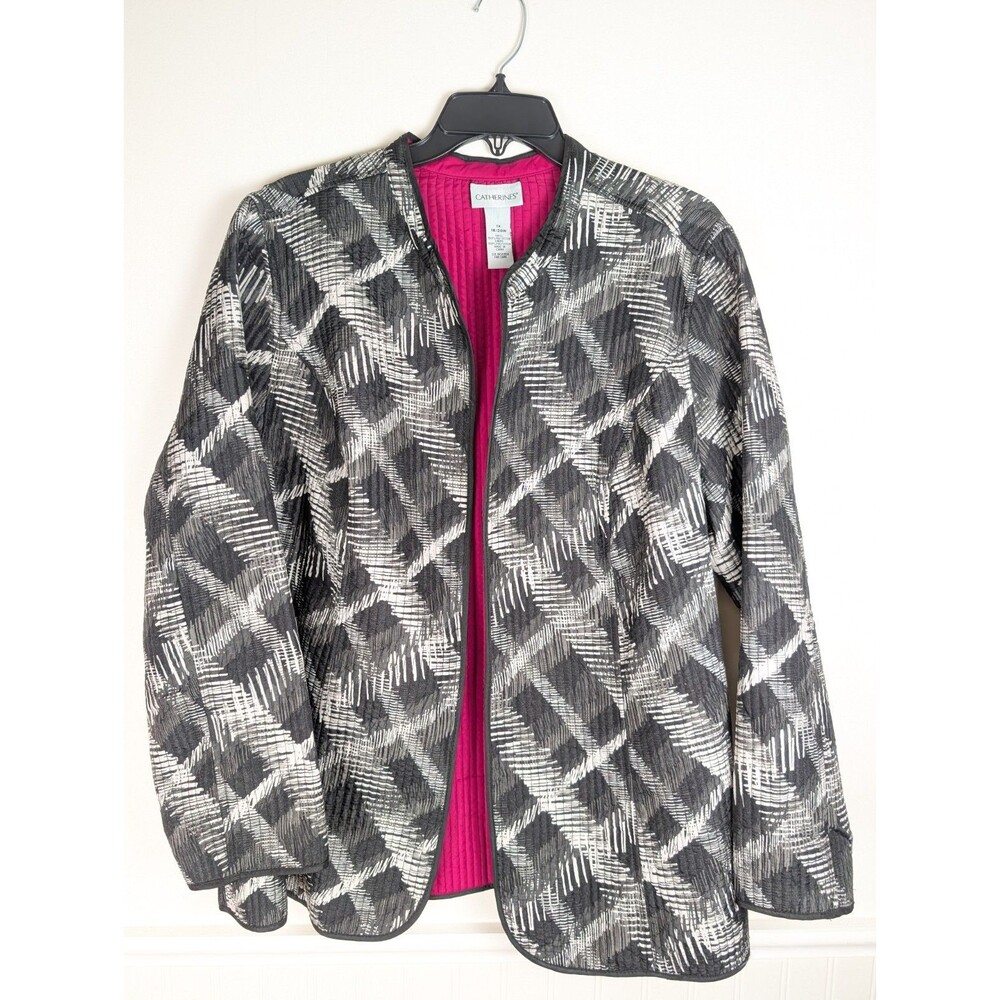 Catherines Jacket Open Front Black White Geometric Quilted Texture Plus Size 1X